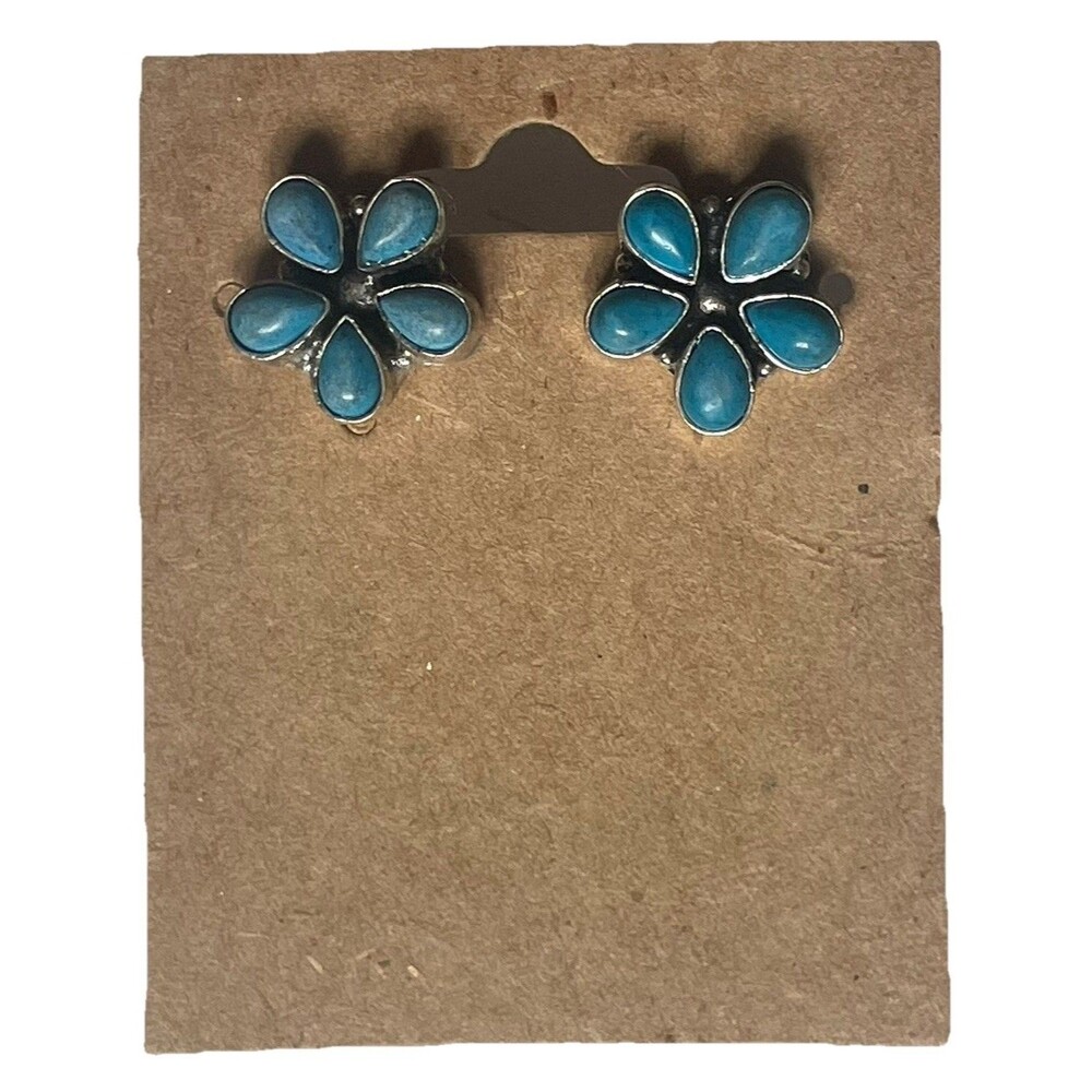 Natural Turquoise Floral Stud Earrings Silver Tone Southwestern Boho Coastal NWT